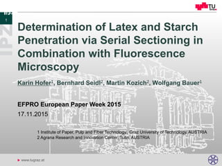 u www.tugraz.at
Determination of Latex and Starch
Penetration via Serial Sectioning in
Combination with Fluorescence
Microscopy
Karin Hofer1, Bernhard Seidl2, Martin Kozich2, Wolfgang Bauer1
17.11.2015
EFPRO European Paper Week 2015
1
1 Institute of Paper, Pulp and Fiber Technology, Graz University of Technology, AUSTRIA
2 Agrana Research and Innovation Center, Tulln, AUSTRIA
 