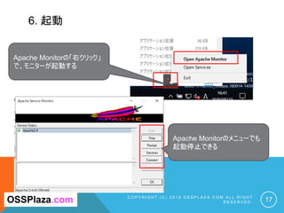 6. 起動
C O P Y R I G H T ( C ) 2 0 1 9 O S S P L A Z A . C O M A L L R I G H T
R E S E R V E D . 17
Apache Monitorの「右クリック」
で、モニターが起動する
OSSPlaza.com
Apache Monitorのメニューでも
起動停止できる
 