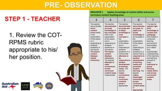STEP 1 - TEACHER
COT-RPMS
Rubric1. Review the COT-
RPMS rubric
appropriate to his/
her position.
INDICATOR 1 Applies knowledge of content within and across
curriculum content teaching areas
3 4 5 6 7
The teacher
demonstrates
minor
content
errors either
in the
presentation
of the lesson
or in
responding to
students’
questions or
comments.
The lesson
content
displays
simple
coherence.
The teacher
demonstrates
accurate
knowledge of
key concepts
both in the
presentation
of the lesson
and in
responding to
students’
questions or
comments.
The lesson
content
displays
coherence.
The teacher
attempts to
make
connections
across
curriculum
content areas
if appropriate.
The teacher
demonstrates
accurate and
in-depth
knowledge of
most
concepts in
the
presentation
of the lesson
and in
responding to
students’
questions in a
manner that
attempts to
be
responsive to
student
development
al learning
needs. The
teacher
makes
connections
across
curriculum
contents
areas if
appropriate.
The teacher
demonstrates
accurate, in-
depth and
broad
knowledge of
all concepts in
the
presentation
of the lesson
and in
responding to
students’
questions in a
manner that is
responsive to
student
development
al learning
needs and
promotes
student
learning. The
teacher
makes
meaningful
connection
across
curriculum
content areas
if
appropriate.
The teacher
applies high-
level
knowledge of
content and
pedagogy
that creates a
conducive
learning
environment
that enables
an in-depth
and
sophisticated
understanding
of the teaching
and learning
process to
meet
individual or
group
learning
needs within
and across
curriculum
content
areas.
PRE- OBSERVATION
 