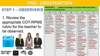 STEP 1 – OBSERVER/S
COT-
RPMS
Rubric
INDICATOR 1 Applies knowledge of content within and across
curriculum teaching areas
3 4 5 6 7
The teacher
demonstrates
minor content
errors either in
the presentation
of the lesson or
in responding to
students’
questions or
comments. The
lesson content
displays simple
coherence.
The teacher
demonstrates
accurate
knowledge of
key concepts
both in the
presentation of
the lesson and in
responding to
students’
questions or
comments. The
lesson content
displays
coherence. The
teacher
attempts to
make
connections
across
curriculum
content areas if
appropriate.
The teacher
demonstrates
accurate and
in-depth
knowledge of
most concepts
in the
presentation of
the lesson and in
responding to
students’
questions in a
manner that
attempts to be
responsive to
student
developmental
learning needs.
The teacher
makes
connections
across
curriculum
contents areas
if appropriate.
The teacher
demonstrates
accurate, in-
depth and
broad
knowledge of
all concepts in
the presentation
of the lesson
and in
responding to
students’
questions in a
manner that is
responsive to
student
developmental
learning needs
and promotes
student
learning. The
teacher makes
meaningful
connection
across
curriculum
content areas if
appropriate.
The teacher
applies high-
level
knowledge of
content and
pedagogy that
creates a
conducive
learning
environment that
enables an in-
depth and
sophisticated
understanding of
the teaching and
learning process
to meet
individual or
group learning
needs within
and across
curriculum
content areas.
1. Review the
appropriate COT-RPMS
rubric for the teacher to
be observed.
PRE- OBSERVATION
 