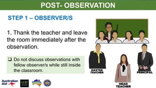 STEP 1 – OBSERVER/S
 Do not discuss observations with
fellow observer/s while still inside
the classroom.
1. Thank the teacher and leave
the room immediately after the
observation.
POST- OBSERVATION
 