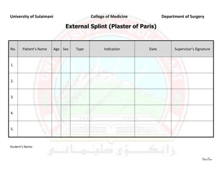 University of Sulaimani                    College of Medicine          Department of Surgery

                               External Splint (Plaster of Paris)


No.     Patient’s Name    Age Sex   Type         Indication      Date         Supervisor’s Signature



1.



2.



3.



4.



5.



Student’s Name:


                                                                                              DasTan
 