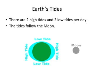 Earth’s Tides There are 2 high tides and 2 low tides per day. The tides follow the Moon. 