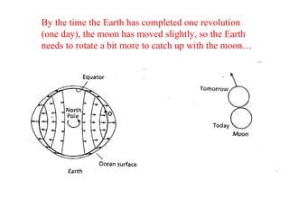 By the time the Earth has completed one revolution (one day), the moon has moved slightly, so the Earth needs to rotate a bit more to catch up with the moon… 