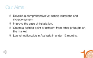 Our Aims 
Develop a comprehensive yet simple wardrobe and 
storage system. 
Improve the ease of installation. 
Create a defined point of different from other products on 
the market. 
Launch nationwide in Australia in under 12 months.  