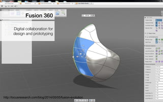 Fusion 360 
Digital collaboration for design and prototyping 
http://locusresearch.com/blog/2014/05/05/fusion-evolution  