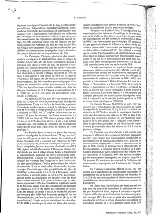 tiquaires imprégnées d’insecticide du type pyréthrino’ide :
perméthrine, deltaméthrine, lambdacyhalothrine, alpha-
méthrine (56,57,58). Les techniques d‘imprégnation sont
simples (59) : imprégnation individuelle ou collective
par trempage ou imprégnation collective par aspersion
des moustiquaires des populations, directement dans le vil-
lage. De très nombreux essais ont été réalisés ces der-
nières années en Amérique du Sud, en Asie du Sud-Est,
en Afrique sub-saharienne (60),qui ont confirmé les pos-
sibilités des moustiquaires imprégnées dans la limitation
du contact hôtelvecteur et du paludisme (61,62).
Au Cameroun, l’emploi généralisé des mousti-
quaires imprégnées de deltaméthrine dans le village de
Mbébé Kikot (63), près du fleuve permanent Sanaga a
entraîné une chute de 62% du taux de piqûres d’Ano-
pheles di,vecteur permanent dont les larves vivent dans
la rivière, et d’Anophe1e.rgmbiue, le vecteur classique, sur-
tout abondant en période d’étiage, une chute de 78% du
taux d’inoculation et une chute de 98% de la capacité
vectorielle. En regard de ces résultats entomologiques
encourageants, les huit enquztes parasitologiques clas-
siques ont montré des indices plasmodiques d’environ
72% chez les enfants, sans variation notable, une chute des
charges parasitaires de 10 à 3%pour les parasitémies de 5
à 10000 /pl, de 6 à 1,5% pour les parasitémies supé-
rieures à lO.OOO/pl.
Au Zaïre, KARCH et coll. (64) ont montré qu’8 la
suite de la mise en place de moustiquaires imprégnées
(deltaméthrine,25 mg m.a./m2), (( la densité de population
d‘Anopheles ganzbiae, vecteur exclusif du paludisme. a dimi-
nué de 94% dans le village protégé. Le taux d’inoculation
a diminué de 9870, soit 3,7 piqûres infestantes par an,
contre 182 avant le traitement. Les fortes parasitémies ( >
10.000/pl) ont baissé de 77% dans le groupe d‘&e de O
iì 7 ans et de 67% dans celui de 8 .5 14 ans D. Les auteurs
concluent que << les résultats de l’utilisationdes moustiquaires
imprégnées sont donc excellents en termes de santé
publique D.
Au Burkina-Faso, la mise en place des mousti-
2quaires imprégnées de deltaméthrine (25 mg ni.a./m )
dans un village de la zone de savane des environs de
Bobo-Dioulasso (65) a entraîné une réduction de 93%
de la transmission du paludisme assurée par Aizopl~elesgc~nz-
bicr et Anopheles fiinestus, avec une diminution de 400 à
100 piqûres infectéeslhommelan à Massasso, village pro-
tégé, tandis que dans le village témoin, Koko, la transmission
a, naturellement, augmenté de 100 à 200 piqûres infec-
deslhommelan. L’action de l’insecticide a porté sur la
densité des vecteurs, leur longévité et leur infectivité.
Au plan parasitologique,l’indice plasmodique des enfants
de moins de 15ans est resté stable. En revanche, le pour-
centage d’enfants ayant des parasitémies de plus de
lO.OOO/pI a diminué de 4,3 à 2,1% à Massasso, tandis
qu’à Koko, il est resté stable, de 4,5 à 3,9%. Les consul-
tations faites au dispensaire ont montré, avec les biais
bien connus inhérents à ce gene d’études, que le palu-
disme représentait 13,6% des consultations la premiere année
et, la deuxième année, 4,4%des consultations des habitants
de Massasso et 8,7% de celles des habitants de Koko.
Chez les enfants de moins d’un an, la morbidité palustre
est beaucoup plus faible dans le quartier protégé (2 cas sur
60 consultations)que dans le quartiertémoin (4 cas sur 35
consultations). Après analyse statistique des données,
RICHARD a conclu que la mise en place des mousti-
quaires imprégnées avait permis de réduire de 59% ]’inci-
dence du paludisme dans la population protégée.
Toujours au Burkina-Faso, l’imprégnation des
moustiquaires des habitants d’un village de la zone rizi-
cole de la Vallée du Kou (66) a montré que lorsque toutes
les moustiquaires ont été traitées, la transmission a chuté
de 94%. Une vaste enquête parasitologique (12 passages)
n’a pas permis de relever de différence au niveau de la p ~ -
valence plasmodiale. Une enquête par dépistage actif sur
un éçhantillon représentatif (61) des enfants a montri
que le nombre d‘accès palustres a été significativementmoins
élevé chez les enfants dormant sous moustiquaires impré-
gnées (9 cas sur 3341 consultations) que chez ceux dor-
mant sous leurs moustiquaires habituelles (21 cas sur
3398 consultations), soit une réduction de 56%.
De très nombreuses et complètes études ont été
récemment réalisées en Gambie (62). SNOW et coll. (67)
ont montré que lorsque les moustiquaires imprégnées de
perméthrine avaient été installées dans les villages, la
transmission du paludisme a été réduite de 90%, chifie com-
parable à celui observé à Bobo-Dioulasso. Le taux de ((
fièvre -t Pl~~.nnoclii~m>) a baissé de 70%, et le taux de
fièvre + parasitémie élevée ( > 5.000/yl) a baissé de
63%, là encore une valeur comparable à celle trouvée à
Bobo-Dioulasso. Dans cette région, il a été rapporté que
l’emploi généralisé des moustiquaires imprégnées aurait
aidé ii la réduction de la mortalité juvénile générale de 63%
et la mortalité spécifique de 70% (68).
En Guinée Bissau. JAENSON et coll. (69) ont
montré que l’introduction de moustiquaires en nylon
imprégnées de pennéthrine (0,5 gr m.a./m-) a induit une
réduction de 93,7% de la densité de moustiques trouvésle
matin dans les maisons, une réduction de 78% du taux d‘ino-
culation par Aizoplieles ganzbitr S.I.. une réduction signi-
ficative de la prévalence des (( maladies avec fièvre ))
chez les personnes protégées et une réduction de la pré-
valence plasmodiale chez les enfants de 2 à 9 ans de
plusieurs villages.
En Tanzanie, une série d’études a été réaliséepow
comparer l’efficacité des aspersions pariétales classiques
au DDT, par rapport aux moustiquaires imprégnées de
perméthrine ou de lambdacyhalothrine (70). La pose de
moustiquaires imprégnées a réduit la transmission de
plus de 90%, comme au Burkina-Faso, a réduit de 68% les
fièvres palustres, a fortement réduit l’incidencede l’impa-
ludation plasmodiale après négativation des enfants avec
du FansidarO. A Mlingano, 60% des enfants protégés
par les moustiquaires-imprégnéessont toujours négatifs la
2 0 semaine.Ce résultat est très indicatif de l’influence des
moustiquaires imprégnées sur l’incidence de l’impalu-
dation.
En Tanzanie également, STICH et coll. (71) ont
montré que l’introduction de moustiquairesimprégnées de
perméthrine (0,5 gr m.a./m2) avait induit une réduction de
74 à 78% du taux hebdomadaire de réinfection des enfants
(préalablementdéparasités par un traitement complet de
FansidarO).
En Chine, dans l’île d‘Haïnan, des essais ont été réa-
lisés dans une zone où la baismission du paludisme est assu-
rée par Anopheles dirus, espèce B tendance exophile,
d’oh les difficultés et les limitations du traitement parié-
tal classique (72). La mise en place des moustiquaires
imprégnées a été suivie d’une diminution importante de
l’incidence palustre, de 71% la première année et de 77%
7
Médecine Tropicale 1995, 55, 4s.
 
