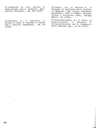47.Peñaloza, W. , M.R. Molina, R.          49.Tapia, I.M., R . Herrera R . , G.
 Gomez-Brenez and R. Bressani, Appl.        Viniegra, M. Gutierrez and S. ROUSSOS,
 Environ. Microbiol. , 49, 388 (1985).      i n Memorias I Sem. Intern. Biotecnol.
                                            Agroindust. Café (I SIBAC), ROUSSOS,
                                            Licpna y Gutierrez' (Eds), Xalapa,
                                            México, 153 (1989).
 48.Roussos, S . ,   L. Hannibal, A.        50.Trejo-Hernandez, M., E. Oriol, A .
 Durand, M. Diez, G. Saucedo, D. Montet     Lopez-Canales, S .           ROUSSOS, G.
 and J. Graille, Oléagineux,    4 9 1 235
                                            Viniegra-Gonzalez and M. Raimbault,
 (1994).                                    Micol. Neotrop. A p l . , 4 , 49 (1991).




348
 