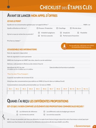 AVANT DE LANCER MON APPEL D’OFFRES
JE FAIS LE POINT
Quelle est ma consommation globale pour cet appel d’offres ?
Quelle utilisation en fait-on ? Mix des deux
Qu’est-ce que je recherche en priorité ?
Prix ﬁxe ou indexé ?
MWh / an
JE RASSEMBLE MES INFORMATIONS
Nom du signataire négociation
Nom du signataire si autre personne
SIREN de l’entreprise (et SIRET des sites, dans le cas de multisites)
Adresse, code postal et ville du ou des site(s) à fournir
Identiﬁant du PCE du site
14 chiffres ou GI+6 chiffres ou LI+4 chiffres
*Pour les sites T4 ou Transport :
Capacité Journalière de Livraison (CJL)
Historique des consommations journalières en MWh (à fournir dans un tableau Excel)
Consommations mensuelles prévisionnelles sur 12 mois en MWh
CHECKLIST DES ÉTAPES CLÉS
Process / Production Chauffage
Visibilité budgétaire
Services associés
Simplicité
Performance ﬁnancière
M+11M+10M+9M+8M+7M+6M+5M+4M+3M+2 M+12M+1
Date de début de fourniture souhaitée
Flexibilité
NB - Si vous ne possédez pas tous ces éléments, la copie d’une facture de gaz naturel de votre fournisseur actuel peut per-
mettre aux fournisseurs de retrouver les éléments nécessaires aﬁn de vous établir une offre.
Les éléments de référence
Les termes du contrat
Les différents coûts du budget gaz naturel
Les services associés
EST-CE QUE J’AI BIEN COMPARÉ LES ÉLÉMENTS DES PROPOSITIONS COMMERCIALES REÇUES ?
QUAND J'AI REÇU LES DIFFÉRENTES PROPOSITIONS
19
Pour les multi-sites : téléchargez notre tableau
de récupération de data site par site.
3/ LES INFOS PRATIQUES
 