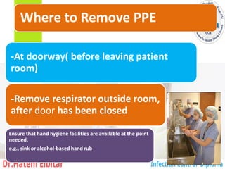 Where to Remove PPE
-At doorway( before leaving patient
room)
-Remove respirator outside room,
after door has been closed
Ensure that hand hygiene facilities are available at the point
needed,
e.g., sink or alcohol-based hand rub
113
 