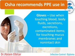 Osha recommends PPE use in
Gloves – Use when
touching blood, body
fluids, secretions,
excretions,
contaminated items;
for touching mucus
membranes and
nonintact skin
120
 