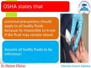 OSHA states that
universal precautions should
apply to all bodily fluids
because its impossible to know
if the fluid may contain blood.
Assume all bodily fluids to be
infectious!
126
 