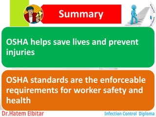 Summary
OSHA helps save lives and prevent
injuries
OSHA standards are the enforceable
requirements for worker safety and
health
134
 