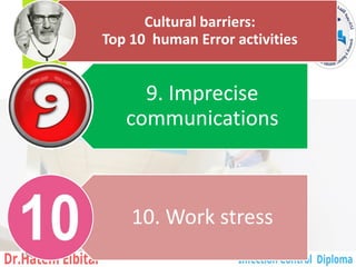 Cultural barriers:
Top 10 human Error activities
9. Imprecise
communications
10. Work stress
152
 