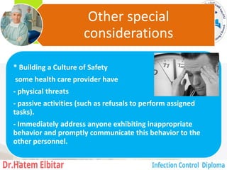Other special
considerations
* Building a Culture of Safety
some health care provider have
- physical threats
- passive activities (such as refusals to perform assigned
tasks).
- Immediately address anyone exhibiting inappropriate
behavior and promptly communicate this behavior to the
other personnel.
159
 