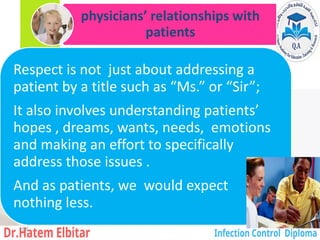 physicians’ relationships with
patients
Respect is not just about addressing a
patient by a title such as “Ms.” or “Sir”;
It also involves understanding patients’
hopes , dreams, wants, needs, emotions
and making an effort to specifically
address those issues .
And as patients, we would expect
nothing less.
166
 