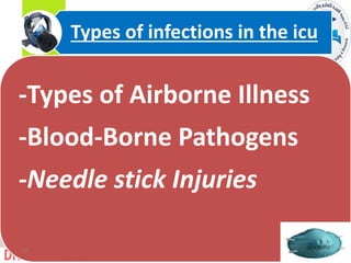 -Types of Airborne Illness
-Blood-Borne Pathogens
-Needle stick Injuries
Types of infections in the icu
17
 