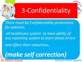 3-Confidentiality
There must be Confidentiality protections
for patients,
all healthcare system to have ability of
any reporting system to learn about errors
and effect their reduction.
(make self correction)
176
 