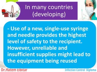 In many countries
(developing)
- Use of a new, single-use syringe
and needle provides the highest
level of safety to the recipient.
However, unreliable and
insufficient supplies might lead to
the equipment being reused
180
 