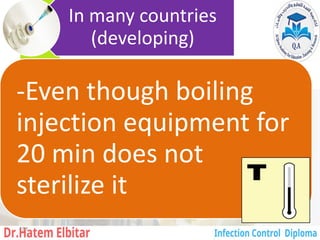 In many countries
(developing)
-Even though boiling
injection equipment for
20 min does not
sterilize it
181
 