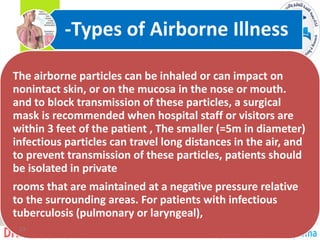 The airborne particles can be inhaled or can impact on
nonintact skin, or on the mucosa in the nose or mouth.
and to block transmission of these particles, a surgical
mask is recommended when hospital staff or visitors are
within 3 feet of the patient , The smaller (=5m in diameter)
infectious particles can travel long distances in the air, and
to prevent transmission of these particles, patients should
be isolated in private
rooms that are maintained at a negative pressure relative
to the surrounding areas. For patients with infectious
tuberculosis (pulmonary or laryngeal),
-Types of Airborne Illness
23
 