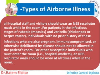 all hospital staff and visitors should wear an N95 respirator
mask while in the room .For patients in the infectious
stages of rubeola (measles) and varicella (chickenpox or
herpes zoster), individuals with no prior history of these
infections who are also pregnant, immunocompromised, or
otherwise debilitated by disease should not be allowed in
the patient's room. For other susceptible individuals who
must enter the room (i.e., hospital workers), an N95
respirator mask should be worn at all times while in the
room.
-Types of Airborne Illness
24
 
