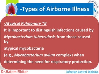 Atypical Pulmonary TB
-
It is important to distinguish infections caused by
Mycobacterium tuberculosis from those caused
by
atypical mycobacteria
(e.g., Mycobacterium avium complex) when
determining the need for respiratory protection.
-Types of Airborne Illness
25
 