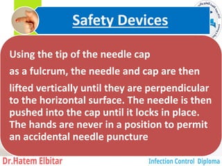 Using the tip of the needle cap
as a fulcrum, the needle and cap are then
lifted vertically until they are perpendicular
to the horizontal surface. The needle is then
pushed into the cap until it locks in place.
The hands are never in a position to permit
an accidental needle puncture
Safety Devices
34
 