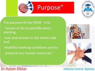 Purpose”
The purpose of the OSHA is to
“assure so far as possible every
working,
man and woman in the nation safe
and
healthful working conditions and to
preserve our human resources.”
53
 