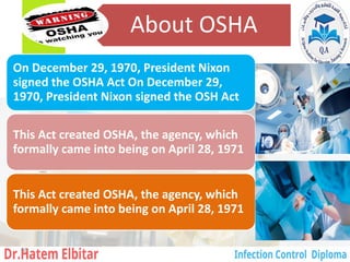 About OSHA
On December 29, 1970, President Nixon
signed the OSHA Act On December 29,
1970, President Nixon signed the OSH Act
This Act created OSHA, the agency, which
formally came into being on April 28, 1971
This Act created OSHA, the agency, which
formally came into being on April 28, 1971
56
 