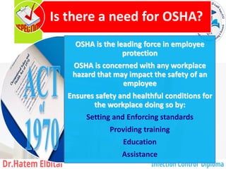 Is there a need for OSHA?
OSHA is the leading force in employee
protection
OSHA is concerned with any workplace
hazard that may impact the safety of an
employee
Ensures safety and healthful conditions for
the workplace doing so by:
Setting and Enforcing standards
Providing training
Education
Assistance
59
 