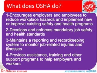 1-Encourages employers and employees to
reduce workplace hazards and implement new
or improve existing safety and health programs
2-Develops and enforces mandatory job safety
and health standards
3-Maintains a reporting and recordkeeping
system to monitor job-related injuries and
illnesses
4-Provides assistance, training and other
support programs to help employers and
workers
What does OSHA do?
70
 