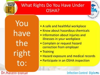 What Rights Do You Have Under
OSHA?
• A safe and healthful workplace
• Know about hazardous chemicals
• Information about injuries and
illnesses in your workplace
• Complain or request hazard
correction from employer
• Training
• Hazard exposure and medical records
• Participate in an OSHA inspection
You
have
the
right
to:
78
78
 