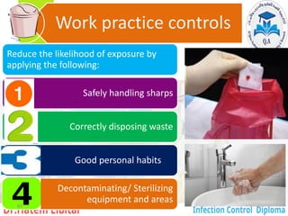 Work practice controls
Reduce the likelihood of exposure by
applying the following:
Safely handling sharps
Correctly disposing waste
Good personal habits
Decontaminating/ Sterilizing
equipment and areas
81
 