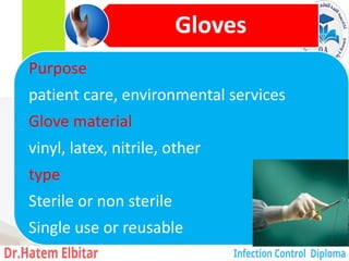 Gloves
Purpose
patient care, environmental services
Glove material
vinyl, latex, nitrile, other
type
Sterile or non sterile
Single use or reusable
94
 