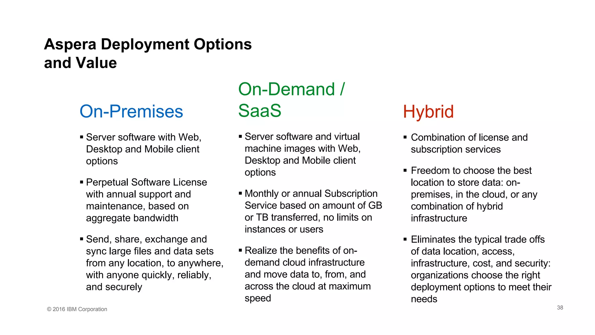 © 2016 IBM Corporation
Aspera Deployment Options
and Value
On-Demand /
SaaS
 Server software and virtual
machine images with Web,
Desktop and Mobile client
options
 Monthly or annual Subscription
Service based on amount of GB
or TB transferred, no limits on
instances or users
 Realize the benefits of on-
demand cloud infrastructure
and move data to, from, and
across the cloud at maximum
speed
Hybrid
 Combination of license and
subscription services
 Freedom to choose the best
location to store data: on-
premises, in the cloud, or any
combination of hybrid
infrastructure
 Eliminates the typical trade offs
of data location, access,
infrastructure, cost, and security:
organizations choose the right
deployment options to meet their
needs
On-Premises
 Server software with Web,
Desktop and Mobile client
options
 Perpetual Software License
with annual support and
maintenance, based on
aggregate bandwidth
 Send, share, exchange and
sync large files and data sets
from any location, to anywhere,
with anyone quickly, reliably,
and securely
38
 