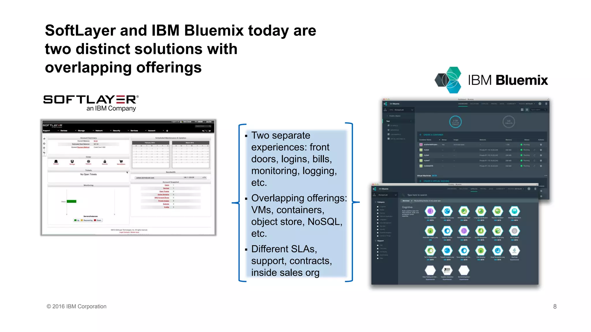 © 2016 IBM Corporation
SoftLayer and IBM Bluemix today are
two distinct solutions with
overlapping offerings
 Two separate
experiences: front
doors, logins, bills,
monitoring, logging,
etc.
 Overlapping offerings:
VMs, containers,
object store, NoSQL,
etc.
 Different SLAs,
support, contracts,
inside sales org
8
 