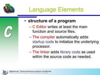 Language Elements
• structure of a program
– C Editor writes at least the main
function and source files.
– The compiler automatically adds
startup code to initialize the underlying
processor.
– The linker adds library code as used
within the source code as needed.
 