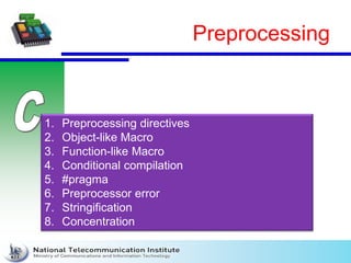Preprocessing
1. Preprocessing directives
2. Object-like Macro
3. Function-like Macro
4. Conditional compilation
5. #pragma
6. Preprocessor error
7. Stringification
8. Concentration
 
