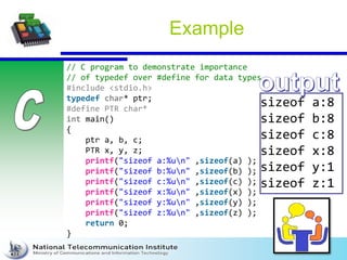 Example
// C program to demonstrate importance
// of typedef over #define for data types
#include <stdio.h>
typedef char* ptr;
#define PTR char*
int main()
{
ptr a, b, c;
PTR x, y, z;
printf("sizeof a:%un" ,sizeof(a) );
printf("sizeof b:%un" ,sizeof(b) );
printf("sizeof c:%un" ,sizeof(c) );
printf("sizeof x:%un" ,sizeof(x) );
printf("sizeof y:%un" ,sizeof(y) );
printf("sizeof z:%un" ,sizeof(z) );
return 0;
}
sizeof a:8
sizeof b:8
sizeof c:8
sizeof x:8
sizeof y:1
sizeof z:1
 