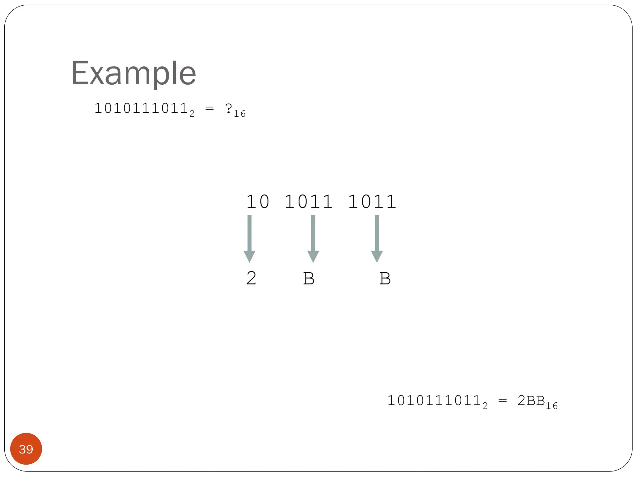 Example
10101110112 = ?16
10 1011 1011
2 B B
10101110112 = 2BB16
39
 