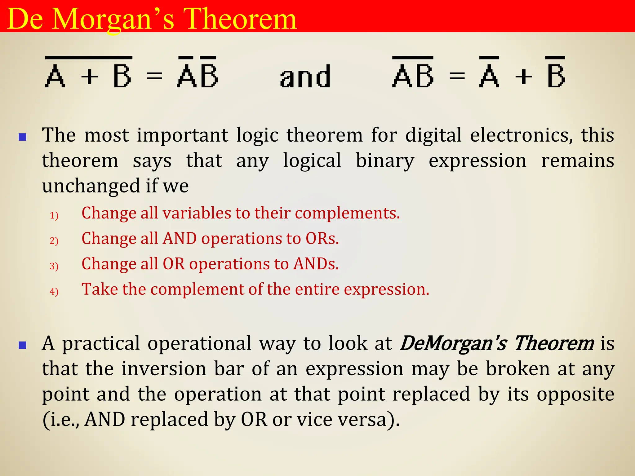◼ The most important logic theorem for digital electronics, this
theorem says that any logical binary expression remains
unchanged if we
1) Change all variables to their complements.
2) Change all AND operations to ORs.
3) Change all OR operations to ANDs.
4) Take the complement of the entire expression.
◼ A practical operational way to look at DeMorgan's Theorem is
that the inversion bar of an expression may be broken at any
point and the operation at that point replaced by its opposite
(i.e., AND replaced by OR or vice versa).
De Morgan’s Theorem
 