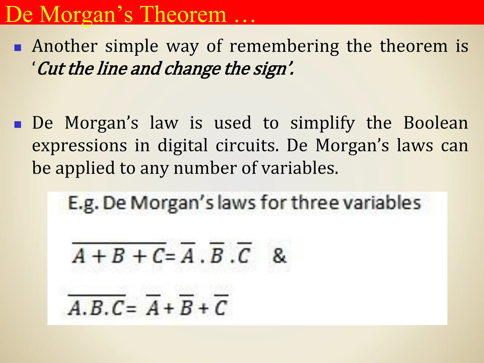 ◼ Another simple way of remembering the theorem is
‘Cut the line and change the sign’.
◼ De Morgan’s law is used to simplify the Boolean
expressions in digital circuits. De Morgan’s laws can
be applied to any number of variables.
De Morgan’s Theorem …
 