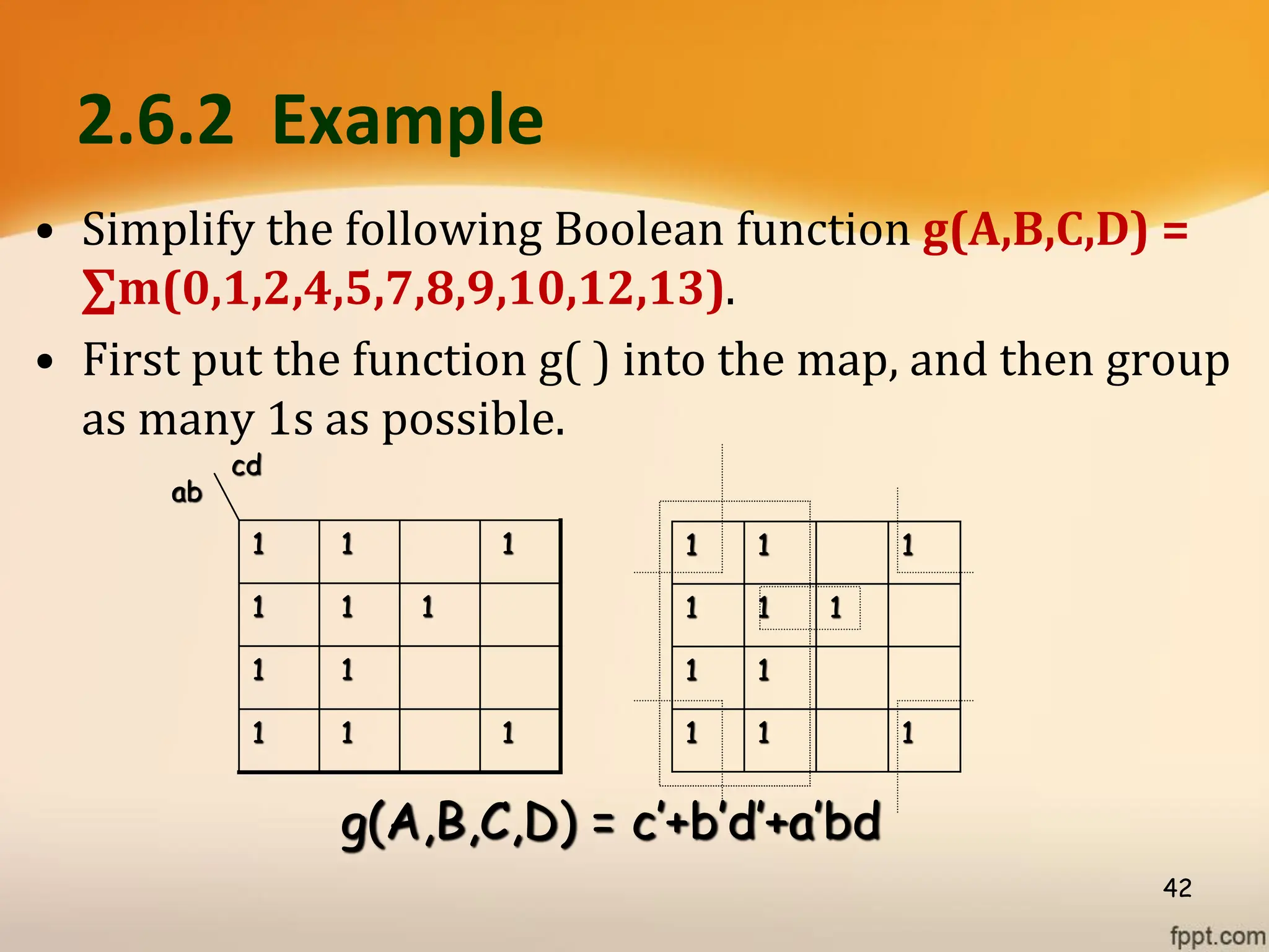 2.6.2 Example
• Simplify the following Boolean function g(A,B,C,D) =
∑m(0,1,2,4,5,7,8,9,10,12,13).
• First put the function g( ) into the map, and then group
as many 1s as possible.
42
cd
ab
1
1
1
1
1
1
1
1
1
1
1
g(A,B,C,D) = c’+b’d’+a’bd
1
1
1
1
1
1
1
1
1
1
1
 
