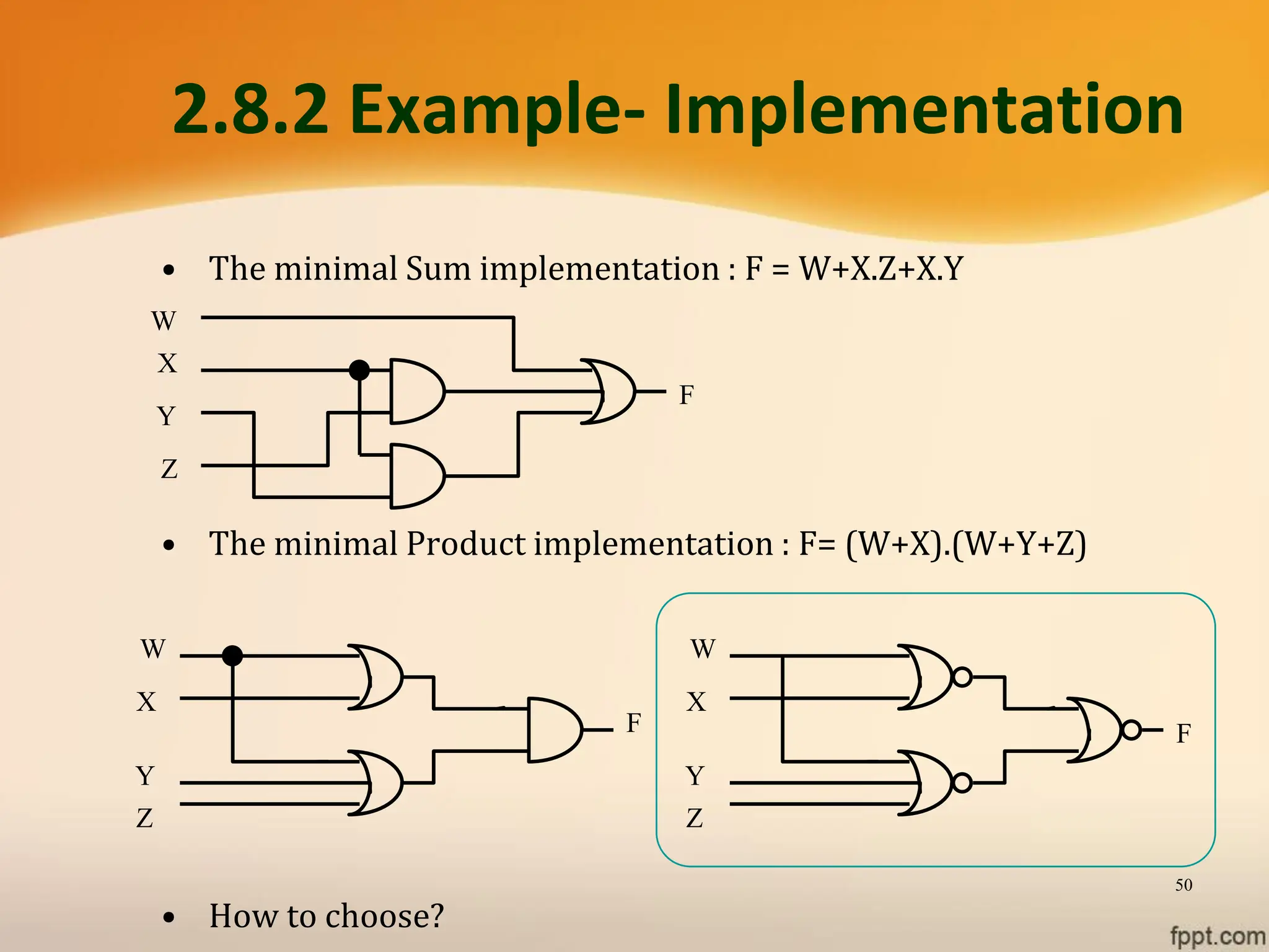 50
2.8.2 Example- Implementation
• The minimal Sum implementation : F = W+X.Z+X.Y
• The minimal Product implementation : F= (W+X).(W+Y+Z)
• How to choose?
W
X
Y
Z
F
W
X
Y
Z
F
W
X
Y
Z
F
 