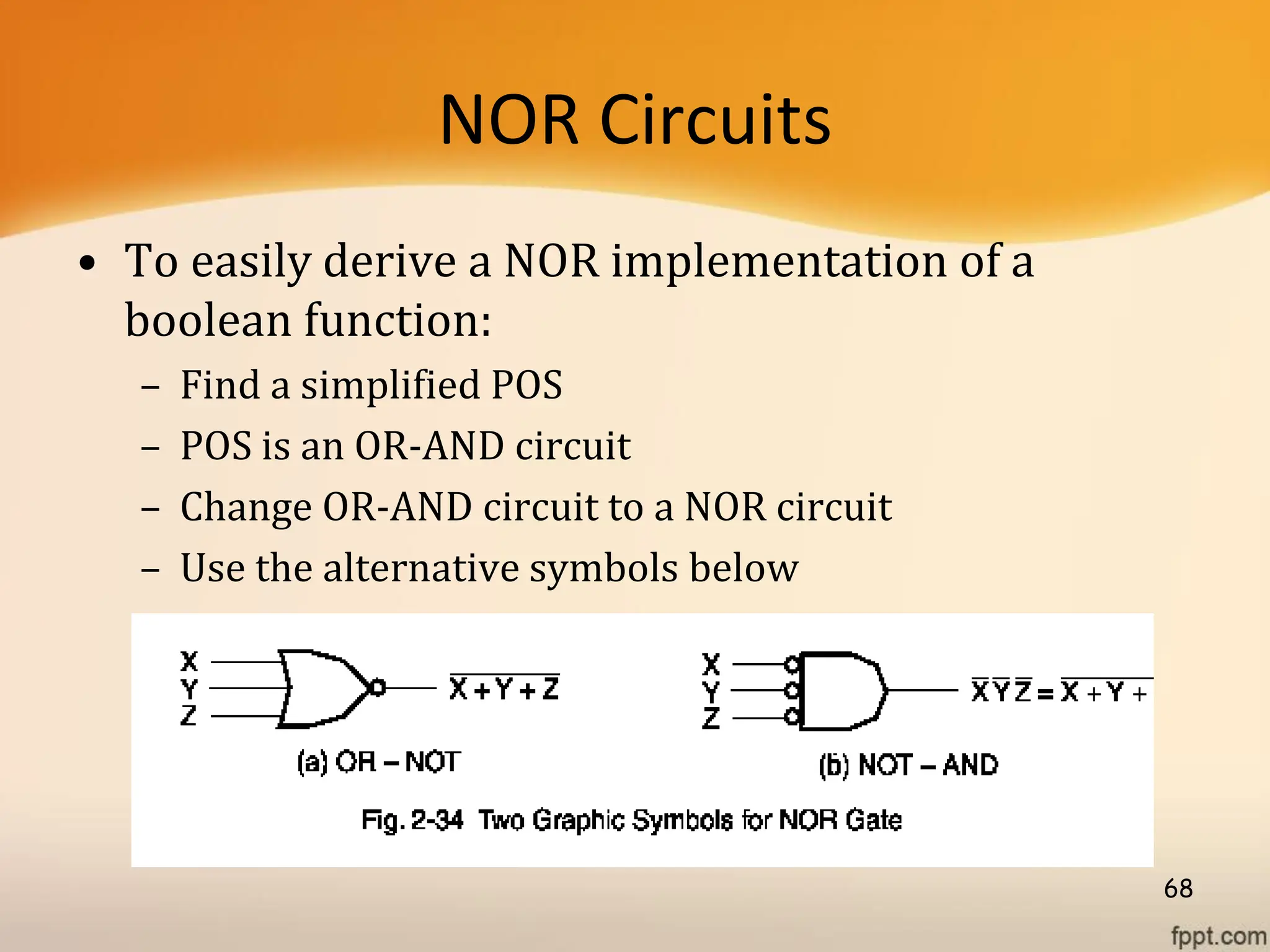 NOR Circuits
• To easily derive a NOR implementation of a
boolean function:
– Find a simplified POS
– POS is an OR-AND circuit
– Change OR-AND circuit to a NOR circuit
– Use the alternative symbols below
68
 