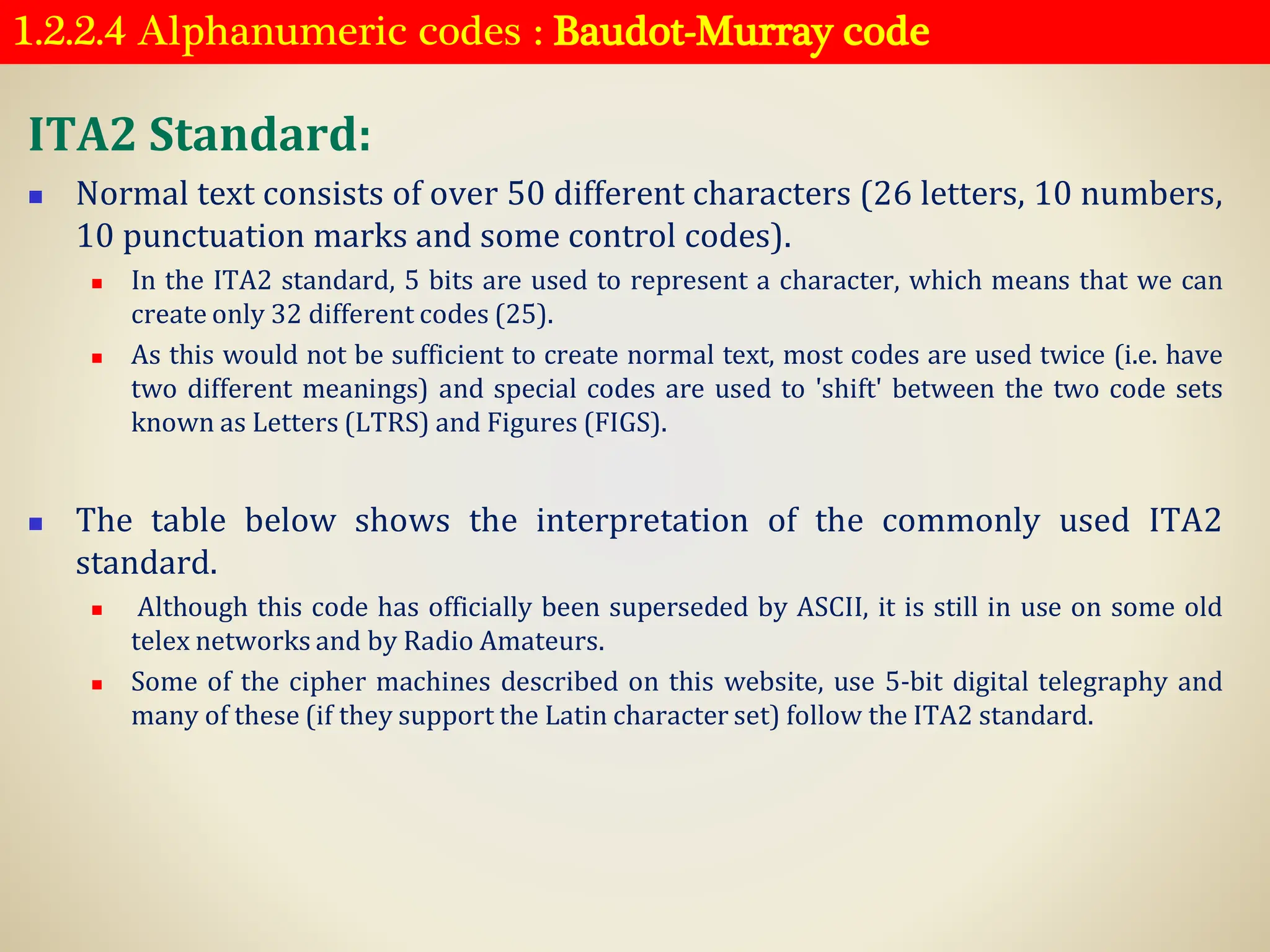 1.2.2.4 Alphanumeric codes : Baudot-Murray code
ITA2 Standard:
◼ Normal text consists of over 50 different characters (26 letters, 10 numbers,
10 punctuation marks and some control codes).
◼ In the ITA2 standard, 5 bits are used to represent a character, which means that we can
create only 32 different codes (25).
◼ As this would not be sufficient to create normal text, most codes are used twice (i.e. have
two different meanings) and special codes are used to 'shift' between the two code sets
known as Letters (LTRS) and Figures (FIGS).
◼ The table below shows the interpretation of the commonly used ITA2
standard.
◼ Although this code has officially been superseded by ASCII, it is still in use on some old
telex networks and by Radio Amateurs.
◼ Some of the cipher machines described on this website, use 5-bit digital telegraphy and
many of these (if they support the Latin character set) follow the ITA2 standard.
 
