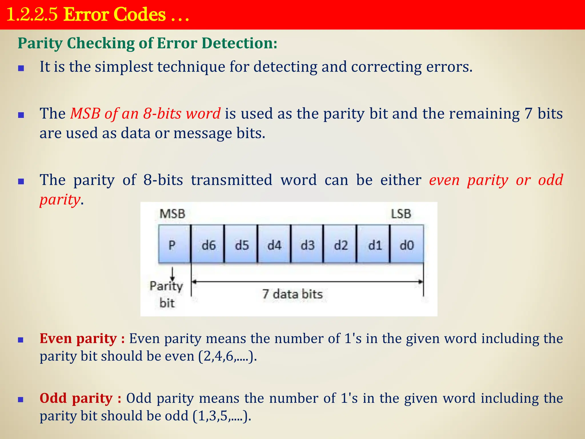1.2.2.5 Error Codes …
Parity Checking of Error Detection:
◼ It is the simplest technique for detecting and correcting errors.
◼ The MSB of an 8-bits word is used as the parity bit and the remaining 7 bits
are used as data or message bits.
◼ The parity of 8-bits transmitted word can be either even parity or odd
parity.
◼ Even parity : Even parity means the number of 1's in the given word including the
parity bit should be even (2,4,6,....).
◼ Odd parity : Odd parity means the number of 1's in the given word including the
parity bit should be odd (1,3,5,....).
 