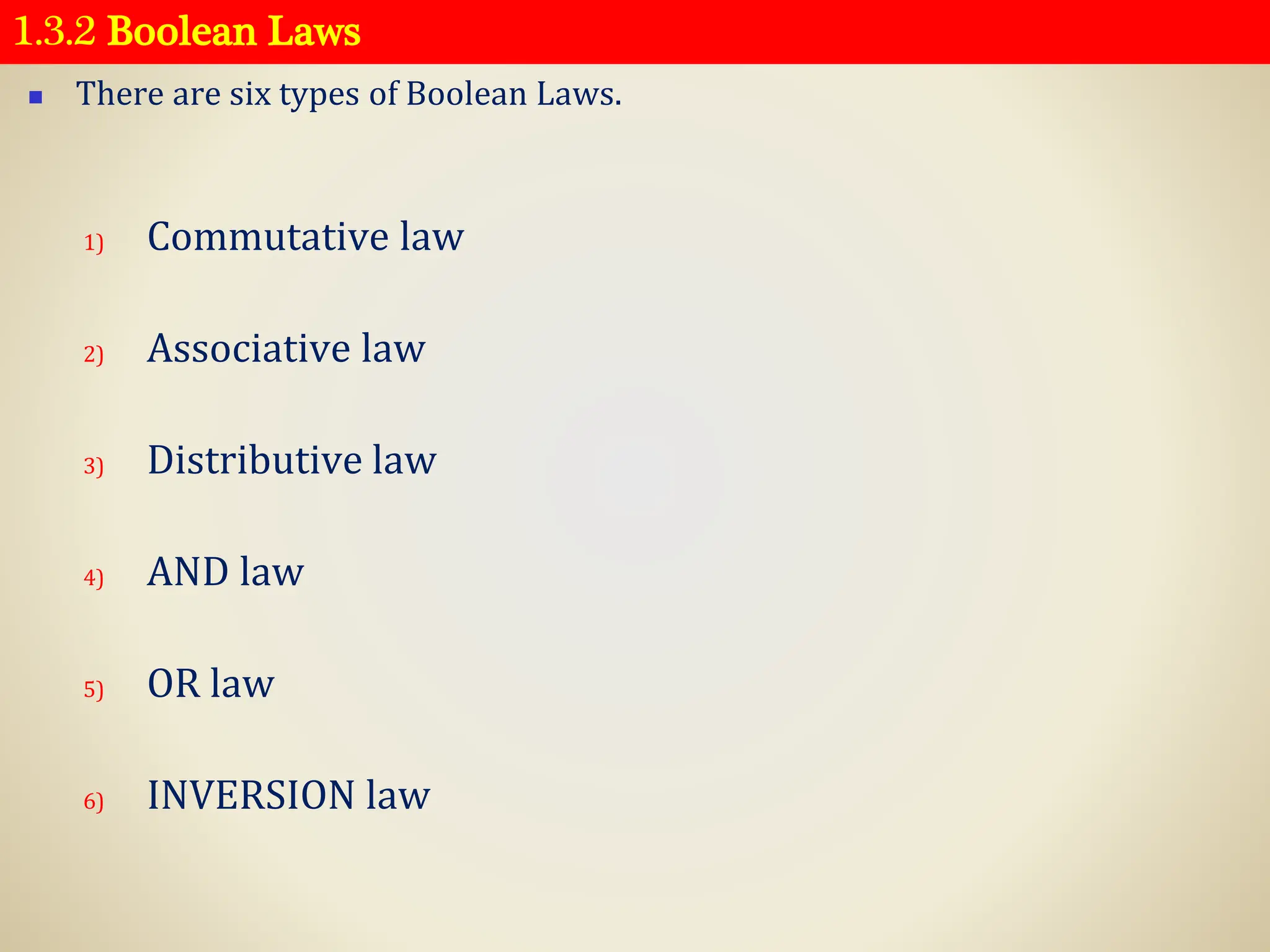 1.3.2 Boolean Laws
◼ There are six types of Boolean Laws.
1) Commutative law
2) Associative law
3) Distributive law
4) AND law
5) OR law
6) INVERSION law
 