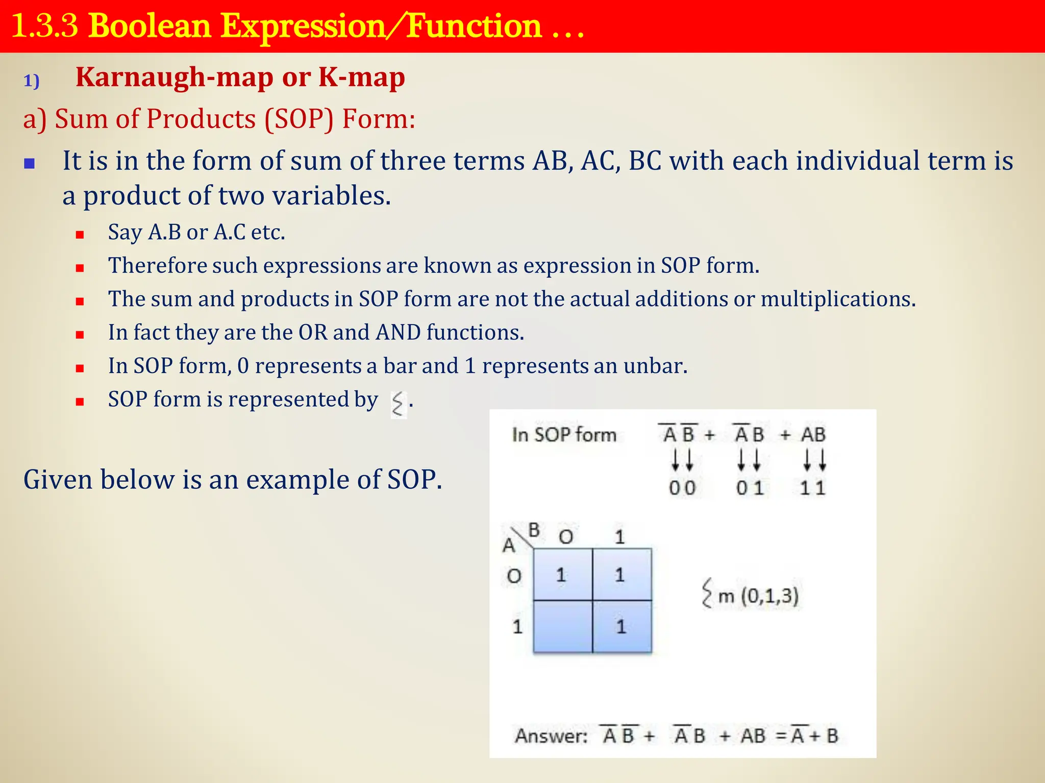 1.3.3 Boolean Expression ⁄ Function …
1) Karnaugh-map or K-map
a) Sum of Products (SOP) Form:
◼ It is in the form of sum of three terms AB, AC, BC with each individual term is
a product of two variables.
◼ Say A.B or A.C etc.
◼ Therefore such expressions are known as expression in SOP form.
◼ The sum and products in SOP form are not the actual additions or multiplications.
◼ In fact they are the OR and AND functions.
◼ In SOP form, 0 represents a bar and 1 represents an unbar.
◼ SOP form is represented by .
Given below is an example of SOP.
 